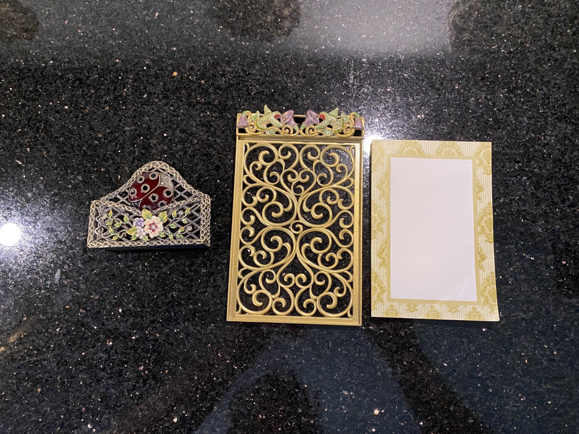 Business Card Holder & Notepad Holder 4x6” w/Jeweled Enamel Flowers & Lady Bug 