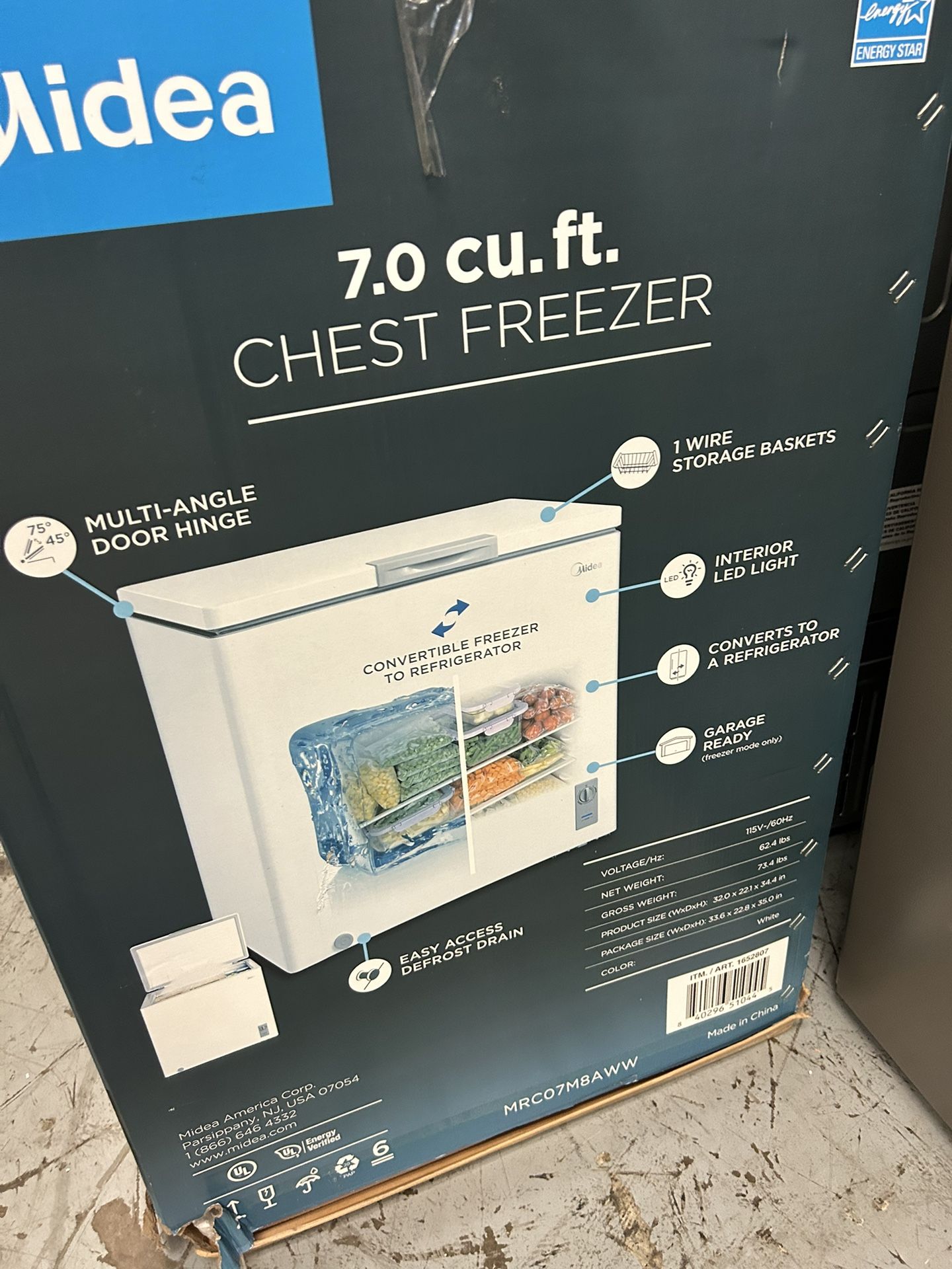 New Midea Convertible Chest Freezer with Interior LED Light, 7.0 cu ft, White