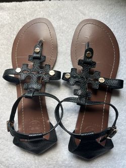 Tori Burch “Phoebe” Sandals, Black Leather, Size 8