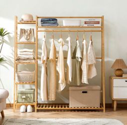 1-Bamboo Clothing Rack with Storage Shelves