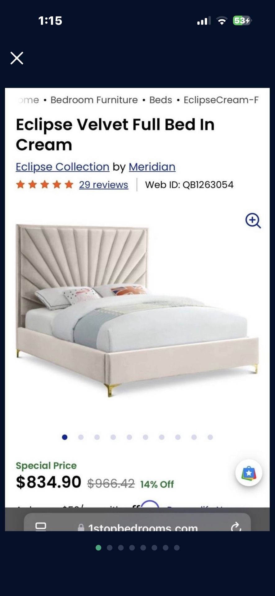 Eclipse Velvet Full Bed In Cream 