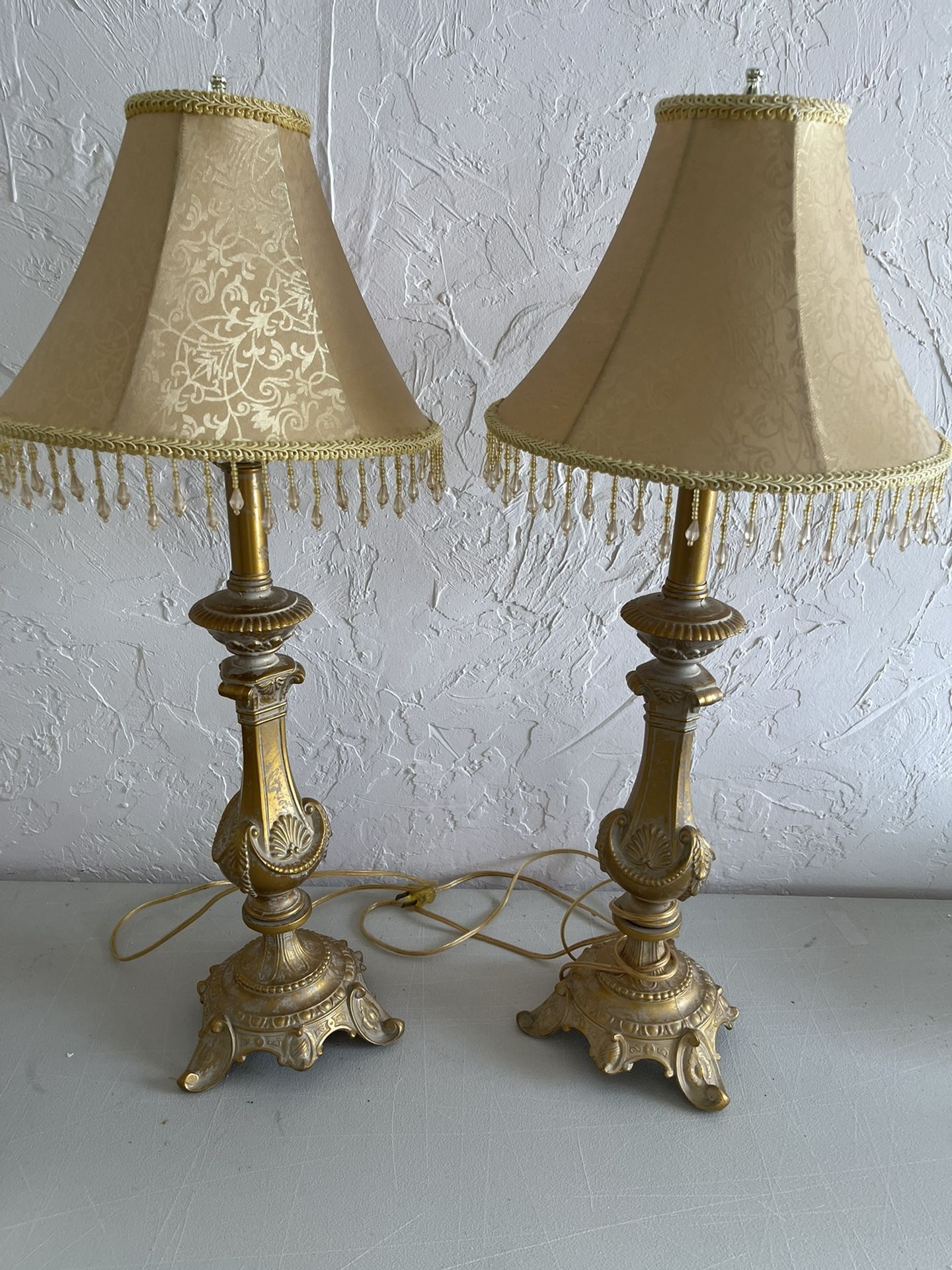 Pair Of Gold Table Lamps Lights With Bead Fringe Shades