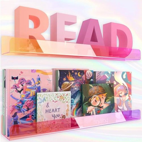 24" Iridescent Acrylic Floating Bookshelf Wall Mounted Kids Nursery Display (2 Pack)