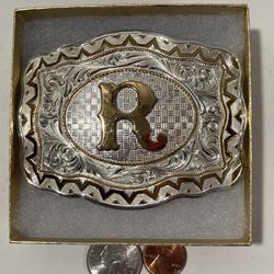 Vintage Belt Buckle Silver And Brass Letter R Initial R