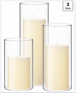 Set of 3 Ivory Pillar Candles + 3 Clear Glass Cylinder Vases (3'' x 5.9'', 7.9'', 9.8 '') — Ivory