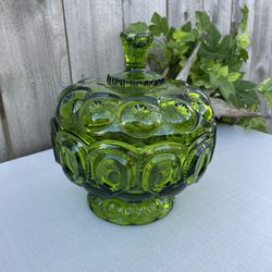 VTG  Large Green Pedestal Bowl With Lid