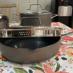 Kitchen Aid Nonstick Cookware  6 Qt Stock Pot 3 Qt Sauté Pan 2.5 Qt Sauce Pan .5 Qt Sauce Pan  Sauté and Sauce Pans have pour spouts with straining li