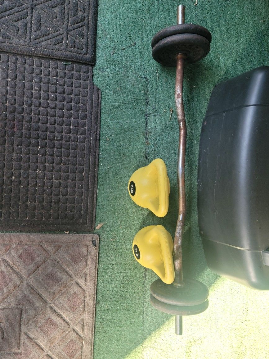 Curl Bar with Weights and 7lbs Kettlebells
