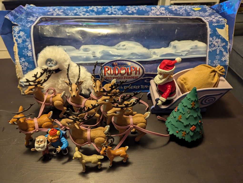 Rare Collection Memory Lane Rudolph The Red-Nosed Reindeer Figures, Santa Sleigh And Reindeer Team Plus Others