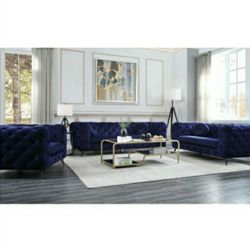 Deep Blue Velvet All Around Tufting 3 Piece Set Sofa Loveseat Chair Firm Price $2,900 Financing Available 