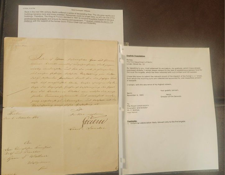 1865 German Fire Dept Letter From Berlin (Transcibed To English) 