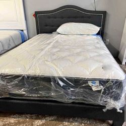 full size Charcoal Grey Linen Upholstered Platform Bed Frame with mattress.