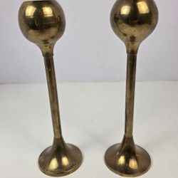Vintage MCM Set of Brass Bulb Top Tapered Candlestick 7.25" Holders ~2