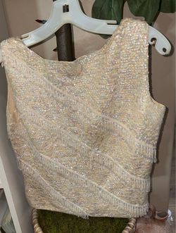 Vintage 1960s Hand Beaded Sequin Fringe Wool Top Shell – Medium