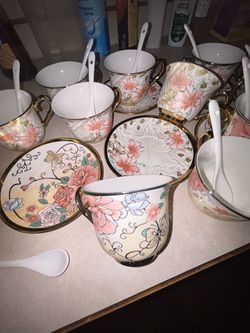 Floral Porcelain Tea Cup Set with Saucers and Spoons
