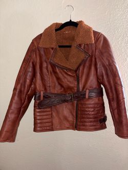 Women’s Wax Brown Leather Jacket High Collar Shearling Lapel Motorbike Style