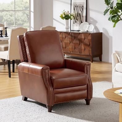 HULALA HOME Mid-century Modern Genuine Leather Recliner with Nailhead Trim