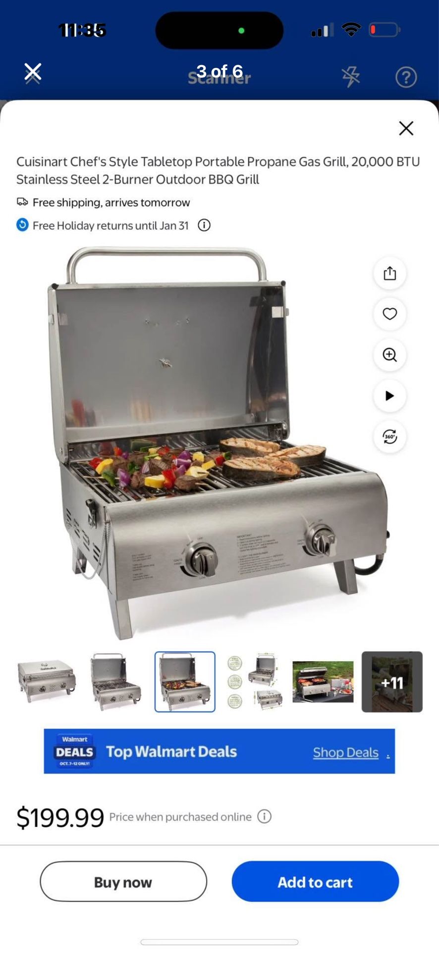 Cuisinart Chef's Style Tabletop Portable Propane Gas Grill, 20,000 BTU Stainless Steel 2-Burner Outdoor BBQ Grill