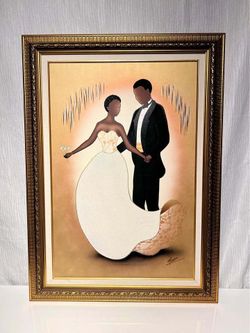 FRAMED TEXTURED OIL CANVAS PAINTING AFRICAN ARTIST MOBASSI Romantic