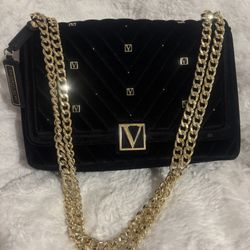 Victoria’s Secret Black Velvet Quilted Mini Crossbody Bag with Gold Hardware