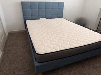 Complete Queen Bed, Upholstered Frame + Mattress, Like New, No Box Spring Needed