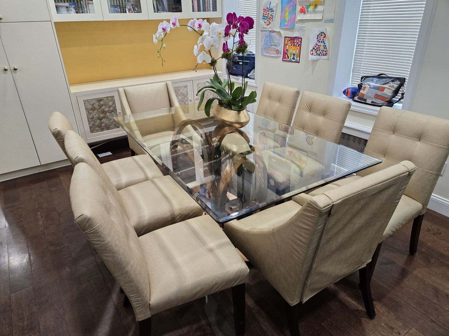 Modern glass rectangular dining table with rose gold circular base and 8 Gorgeous dining chairs