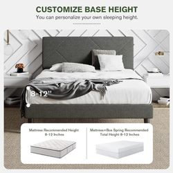 King Size Upholstered Bed Frame/King Bed Frame w/ Geometric Headboard, Dark Grey