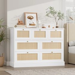 (contact info removed)1-WH

Rattan Dresser, White 7 Drawer Combo Double Dresser, Modern Wicker Chest for Bedroom，White