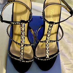 Pleaser Heels Black Satin With Rhinestones Size 8 M