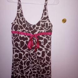 Brown Printed Dress With A Hot Pink Ribbon