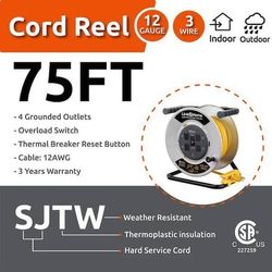  Link2Home - 75 ft. 12/3 Extension Cord Storage Reel with 4 Grounded Outlets and Overload Circuit Breaker Link2Home - 75 ft. 12/3 Extension Cord Stora