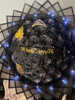 sweet 16 black internal rose glittery bouquet