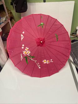 Vintage Asian Paper Parasol Hand Painted Floral Bamboo Umbrella Decorative Art