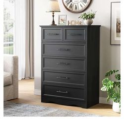 Black Dresser for Bedroom, Modern 6 Chest of Drawers, 44" Tall Chest of Drawers w/Brushed Metal Handle, Wood Closet Organizers and Storage Cabinet for