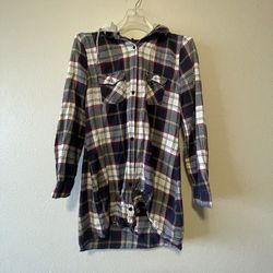 Love Tree, Women Blue Plaid Detachable Hood Button Down Shirt, Size L