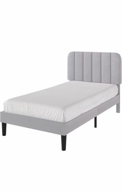 TWIN WOOD BED FRAME LIGHT GRAY OR BEIGE CREAM VELVET COLOR HEADBOARD AND WOOD SLATS📣MATTRESS NOT INCLUDED BUT AVAILABLE SEPARATELY 📣👇CROSSROADS 👇