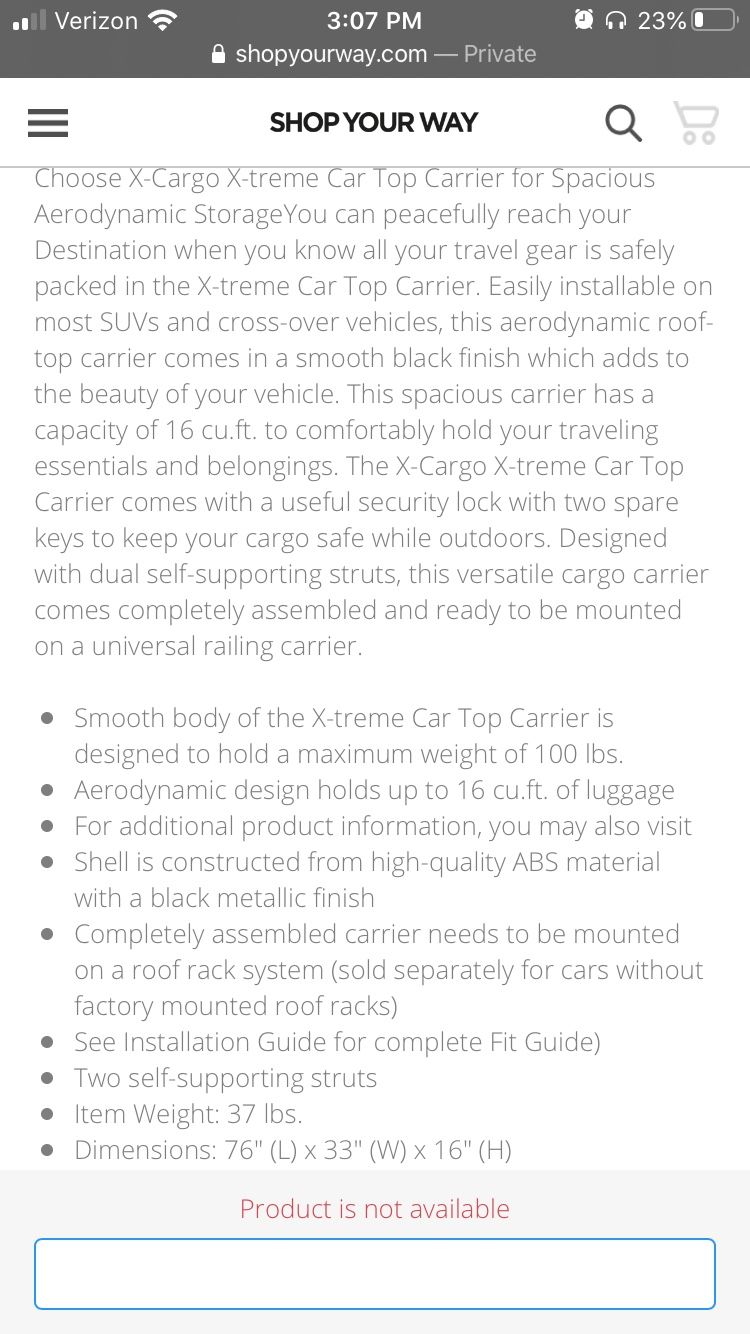 Sears xcargo luggage cargo carrier roof box for Sale in Yorktown, VA