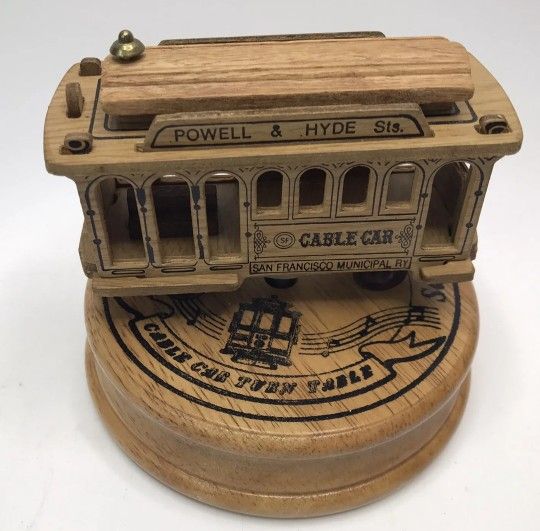 San Francisco Cable Trolley Car Wood Wind-Up Turntable Music Box Streetcar