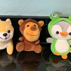 🐶🐒🐧 3 Adorable Stuffed Animals, 6” tall, Chains/Loops (brand new)