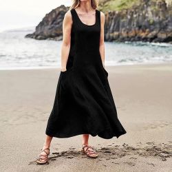 Linen Dress for Women Sleeveless Black Flowy Maxi Dress