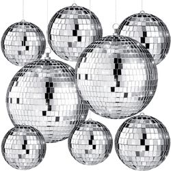 Haull 8 Pcs Large Disco Ball Set Silver Mirror Disco Reflective Ball With Hanging Ring Party Ornament Decoration For Stage Club Ballroom Dance Hall We