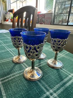 Set of 4 Mini Cobalt Blue Glass Goblets with Silver Filigree Holders