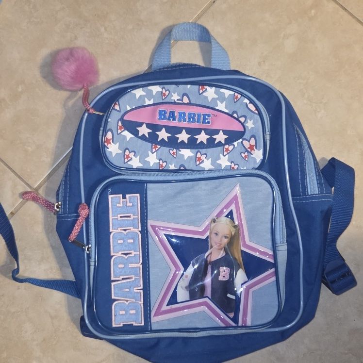 Barbie Backpack Blue Pockets Zipper Pink Pom Pom