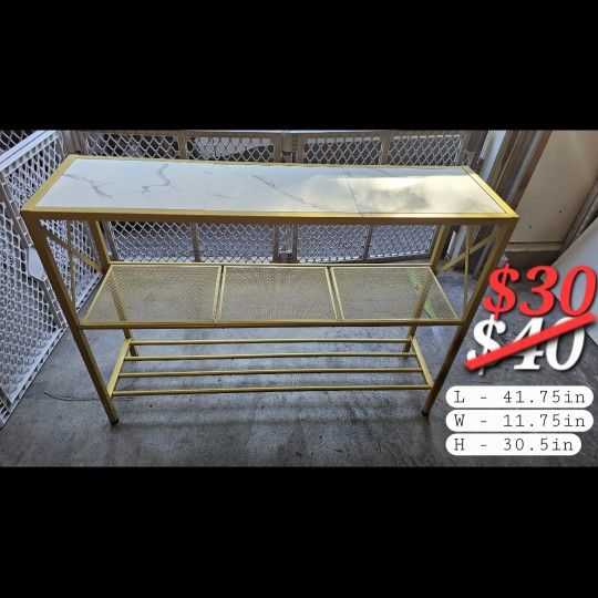 3 Tier Narrow Console Table Gold & White, Hoctieon