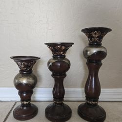 Set of 3 Ornate Tuscan-Style Pillar Candle Holders - Dark Bronze & Antiqued Silver