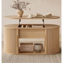Brand New In The Box- LINSY Lift Top Coffee Table, Oval Fluted Coffee Table with Storage, Boho Wooden Coffee Tables with Sliding Tambour Door, 39" Cen