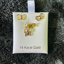 14k Gold Butterfly Pendant And Earrings