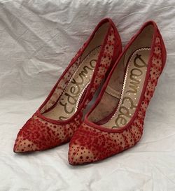 Sam Edelman red mesh/lace polka-dot Hazel pointed toe stiletto pumps - size 7