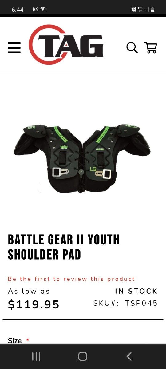 TAG- Battle Gear 2 Youth Shoulder FOOTBALL Pad