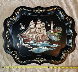 Vintage Hand-Painted Nautical Sailing Ship Tole Tray - 18"